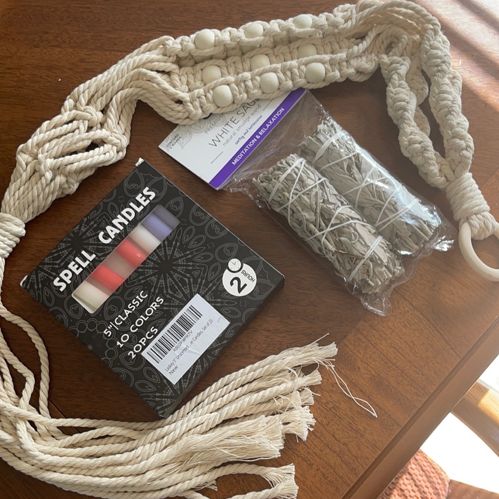 Macrame plantholder,white sage spell candles